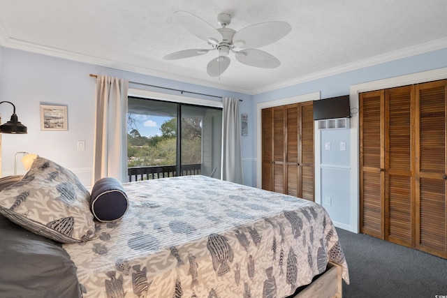 404 72nd Ave N Unit 203, Myrtle Beach, SC 29572 - carpeted bedroom with two closets, access to outside, ornamental molding, a ceiling fan, and a textured ceiling
