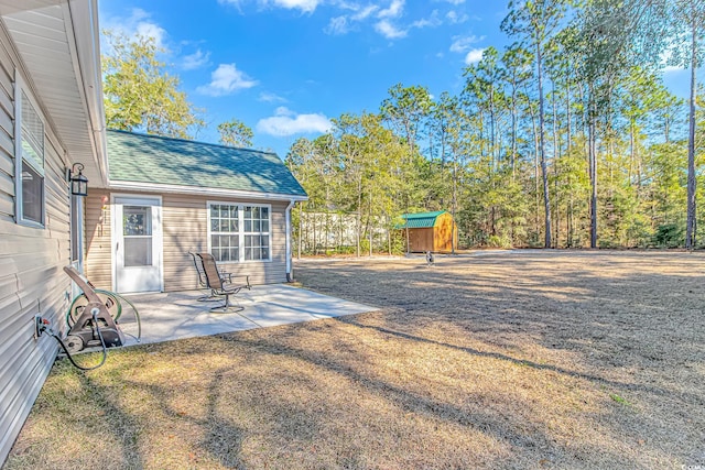 view of yard with an outbuilding, a patio area, and a storage shed