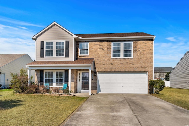 traditional-style home featuring a garage, concrete driveway, brick siding, and a front lawn