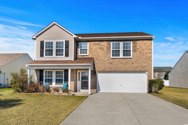 traditional home featuring brick siding, a garage, concrete driveway, and a front yard