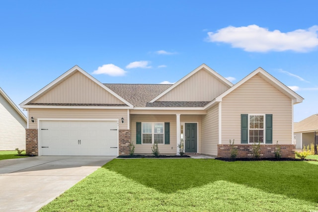 view of front facade featuring an attached garage, brick siding, concrete driveway, roof with shingles, and a front lawn