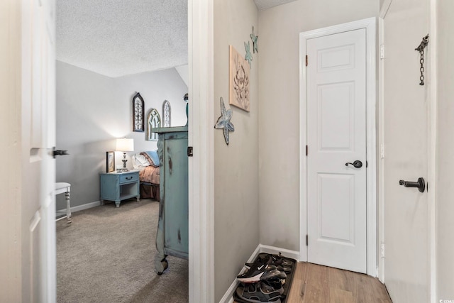 hall featuring a textured ceiling, carpet flooring, wood finished floors, and baseboards