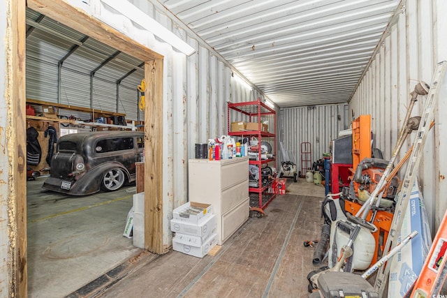 garage with metal wall