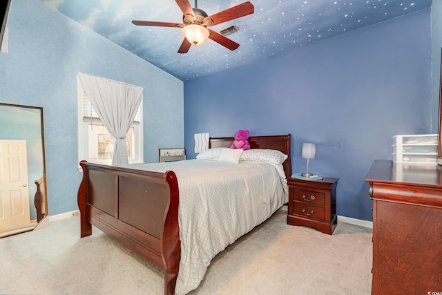 carpeted bedroom featuring visible vents, vaulted ceiling, baseboards, and ceiling fan