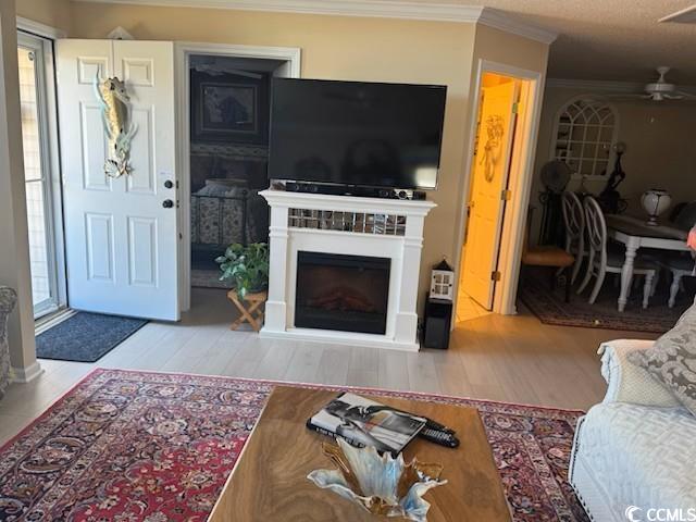 living area featuring crown molding, a ceiling fan, a glass covered fireplace, and wood finished floors