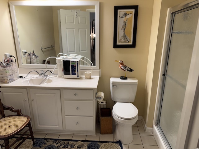 full bath featuring tile patterned flooring, a shower stall, toilet, and vanity