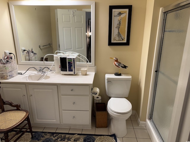 full bath with a shower stall, tile patterned floors, vanity, and toilet