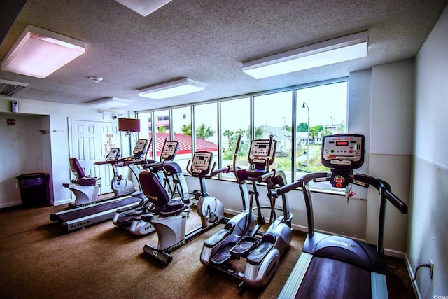 exercise room featuring carpet flooring, baseboards, and a textured ceiling