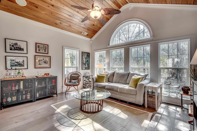 living area with crown molding, visible vents, wood finished floors, high vaulted ceiling, and wooden ceiling