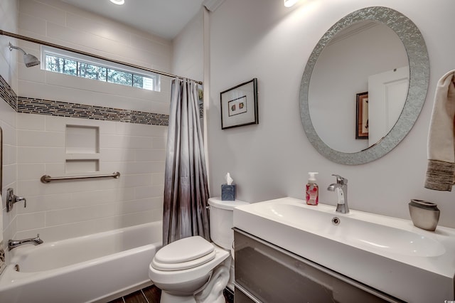 bathroom featuring vanity, shower / bath combination with curtain, and toilet