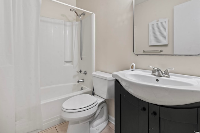 full bathroom with tile patterned flooring, toilet, visible vents, vanity, and shower / tub combo with curtain