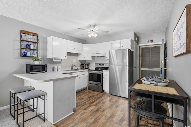 kitchen with ceiling fan, under cabinet range hood, stainless steel appliances, a peninsula, and light countertops