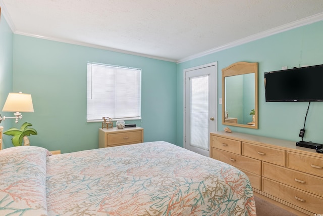 bedroom with carpet floors, a textured ceiling, multiple windows, and crown molding