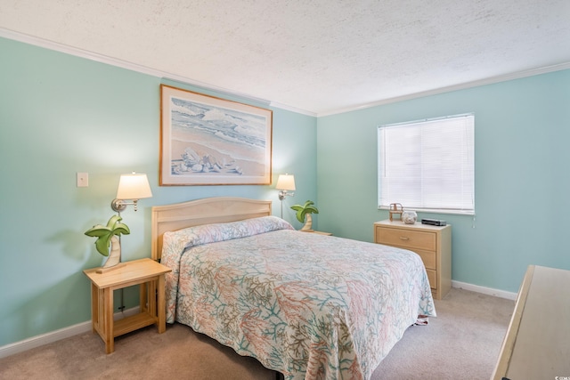 bedroom with crown molding, a textured ceiling, baseboards, and carpet flooring