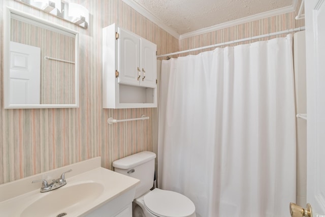 full bathroom with a textured ceiling, crown molding, toilet, and wallpapered walls