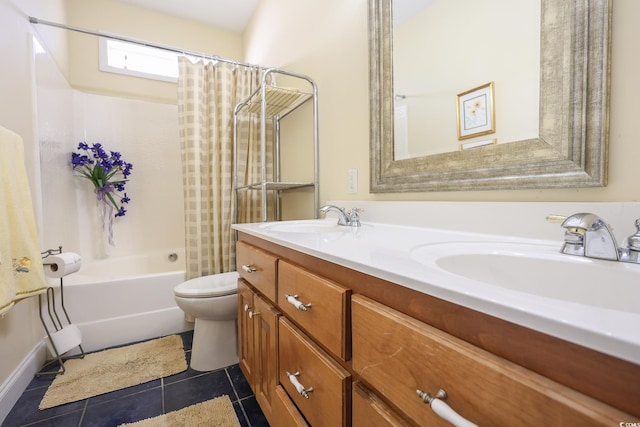 full bath featuring tile patterned flooring, a sink, toilet, and double vanity