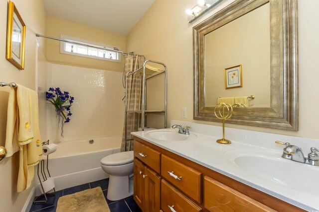 4244 Luck Ave, Little River, SC 29566 - bathroom featuring tile patterned flooring, toilet, shower / bathtub combination with curtain, and double vanity