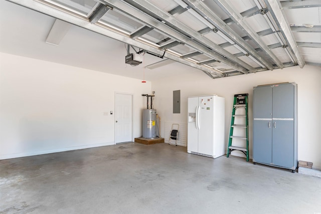 garage with water heater, white refrigerator with ice dispenser, electric panel, and a garage door opener