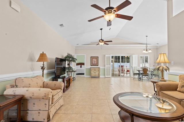 living room with light tile patterned floors, visible vents, high vaulted ceiling, baseboards, and ceiling fan with notable chandelier