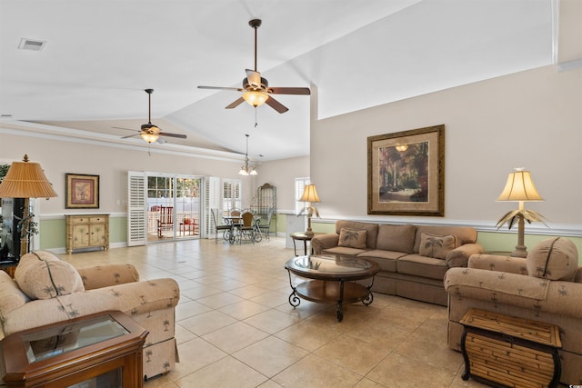 living room with vaulted ceiling, light tile patterned flooring, visible vents, and a ceiling fan