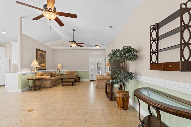 living room with visible vents, vaulted ceiling, baseboards, and light tile patterned floors