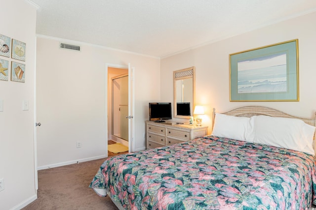 bedroom with crown molding, visible vents, carpet flooring, a textured ceiling, and baseboards