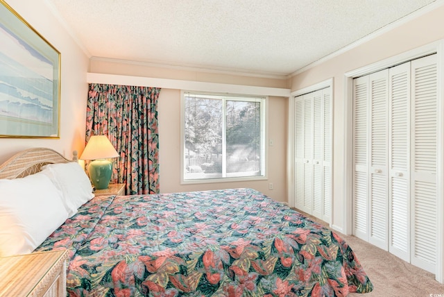 bedroom with a textured ceiling, carpet floors, ornamental molding, and multiple closets