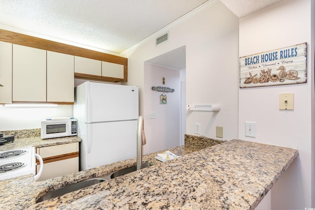 kitchen with a textured ceiling, white appliances, ornamental molding, and light stone counters