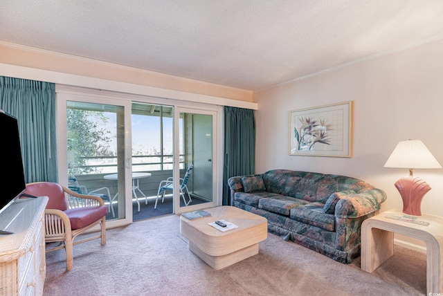 carpeted living area featuring a textured ceiling and crown molding