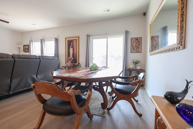 dining room featuring visible vents, baseboards, and light wood-style floors