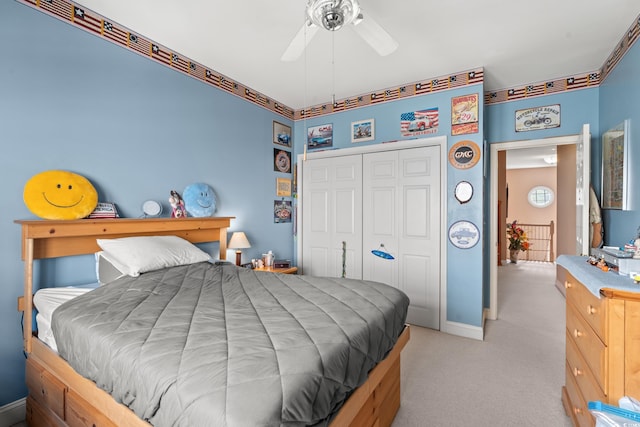 4306 Windy Heights Dr, North Myrtle Beach, SC 29582 - bedroom with a closet, light colored carpet, baseboards, and a ceiling fan