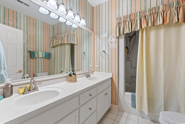 4306 Windy Heights Dr, North Myrtle Beach, SC 29582 - bathroom with wallpapered walls, tile patterned floors, toilet, double vanity, and shower / bath combination with curtain