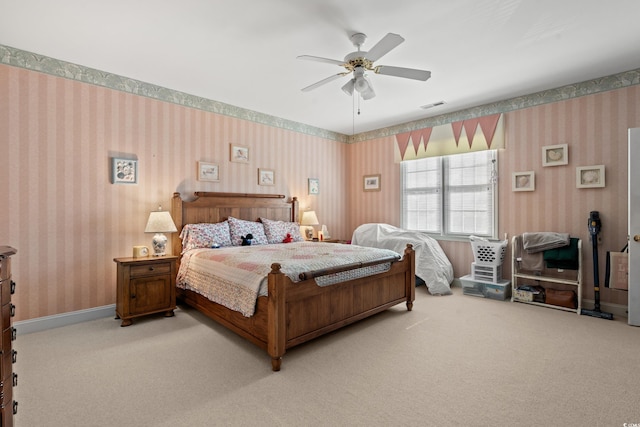 4306 Windy Heights Dr, North Myrtle Beach, SC 29582 - bedroom featuring wallpapered walls, light colored carpet, and ceiling fan