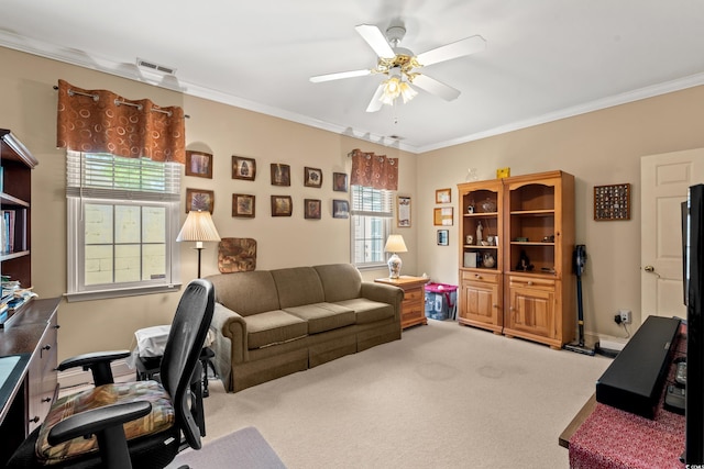 4306 Windy Heights Dr, North Myrtle Beach, SC 29582 - office area with ornamental molding, a ceiling fan, and carpet flooring