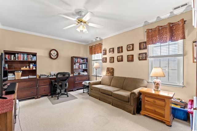4306 Windy Heights Dr, North Myrtle Beach, SC 29582 - office space with carpet flooring, plenty of natural light, ceiling fan, and ornamental molding