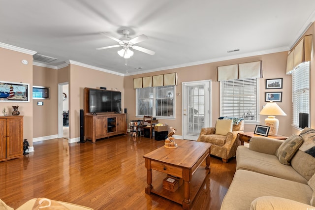 4306 Windy Heights Dr, North Myrtle Beach, SC 29582 - living room featuring wood finished floors, ornamental molding, baseboards, and ceiling fan