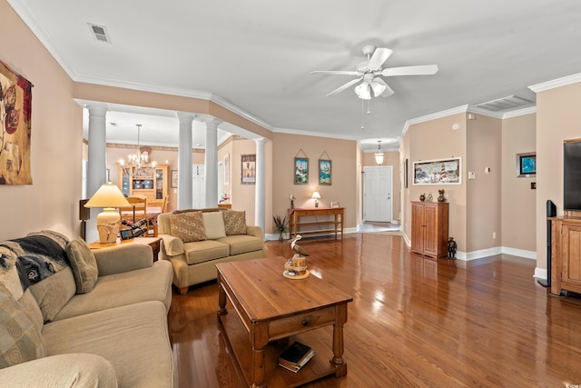 4306 Windy Heights Dr, North Myrtle Beach, SC 29582 - living room with ornate columns, ceiling fan, wood finished floors, a chandelier, and crown molding