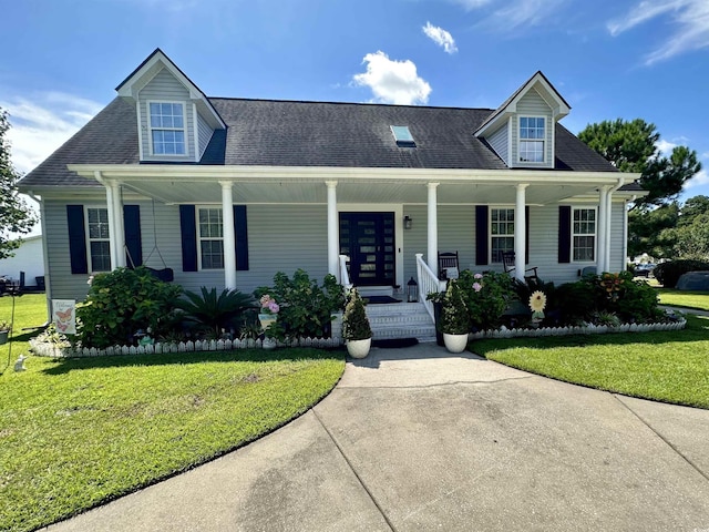 new england style home featuring a porch, a front yard, and a shingled roof