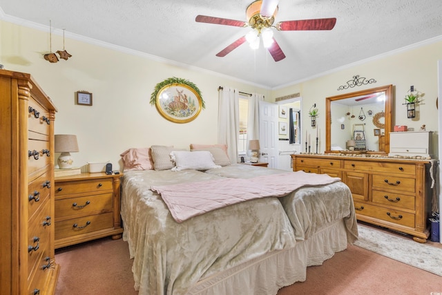 bedroom featuring ornamental molding, light colored carpet, ceiling fan, and a textured ceiling