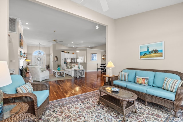 living room with recessed lighting, wood finished floors, visible vents, baseboards, and a ceiling fan