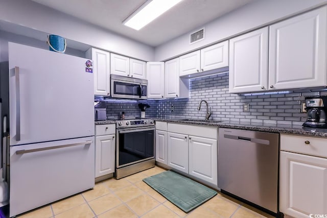 kitchen featuring a sink, dark stone counters, white cabinets, and stainless steel appliances