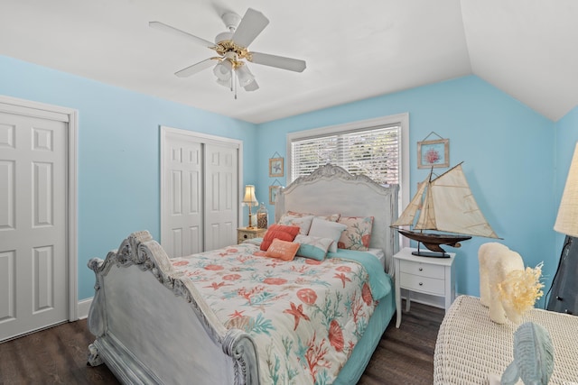 bedroom with baseboards, a ceiling fan, lofted ceiling, wood finished floors, and a closet