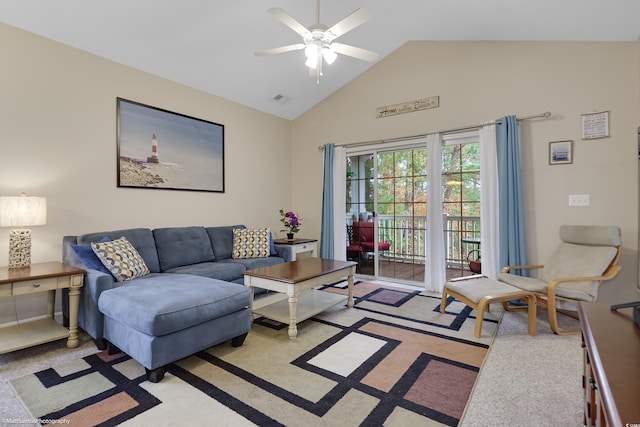 living room with carpet, visible vents, vaulted ceiling, and a ceiling fan