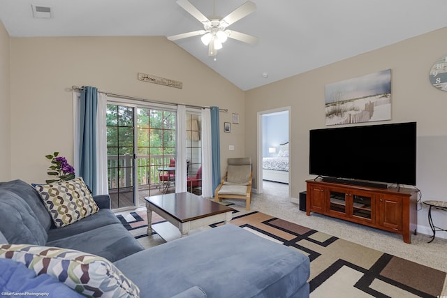 living area with lofted ceiling, ceiling fan, light colored carpet, visible vents, and baseboards