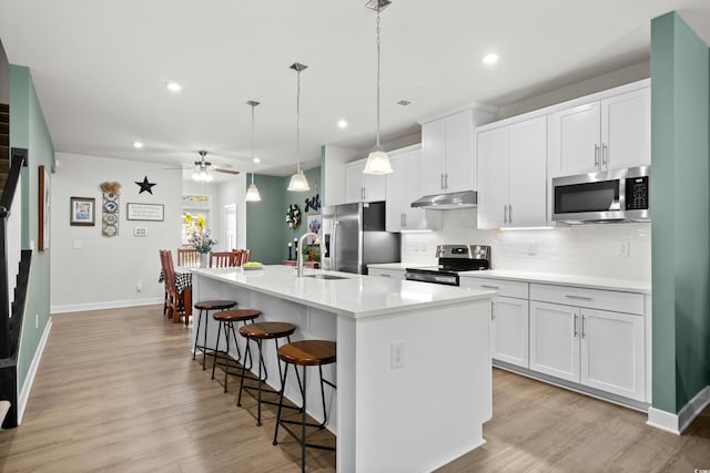 kitchen with stainless steel appliances, decorative backsplash, a sink, under cabinet range hood, and a kitchen breakfast bar