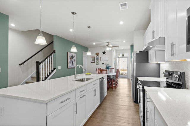 kitchen featuring a sink, a kitchen island with sink, stainless steel appliances, under cabinet range hood, and backsplash