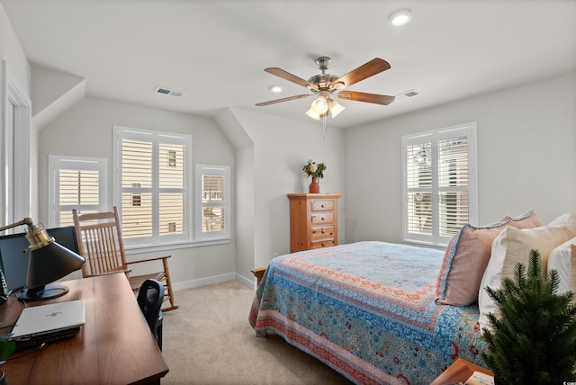 bedroom with baseboards, recessed lighting, visible vents, and light colored carpet