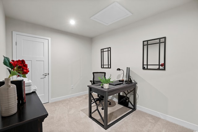 office area featuring attic access, recessed lighting, light colored carpet, and baseboards