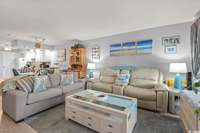 living room with a textured ceiling, wood finished floors, and ceiling fan