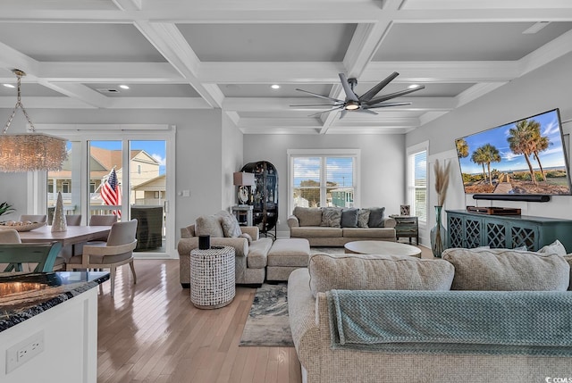 living area with coffered ceiling, a ceiling fan, light wood-type flooring, beam ceiling, and recessed lighting